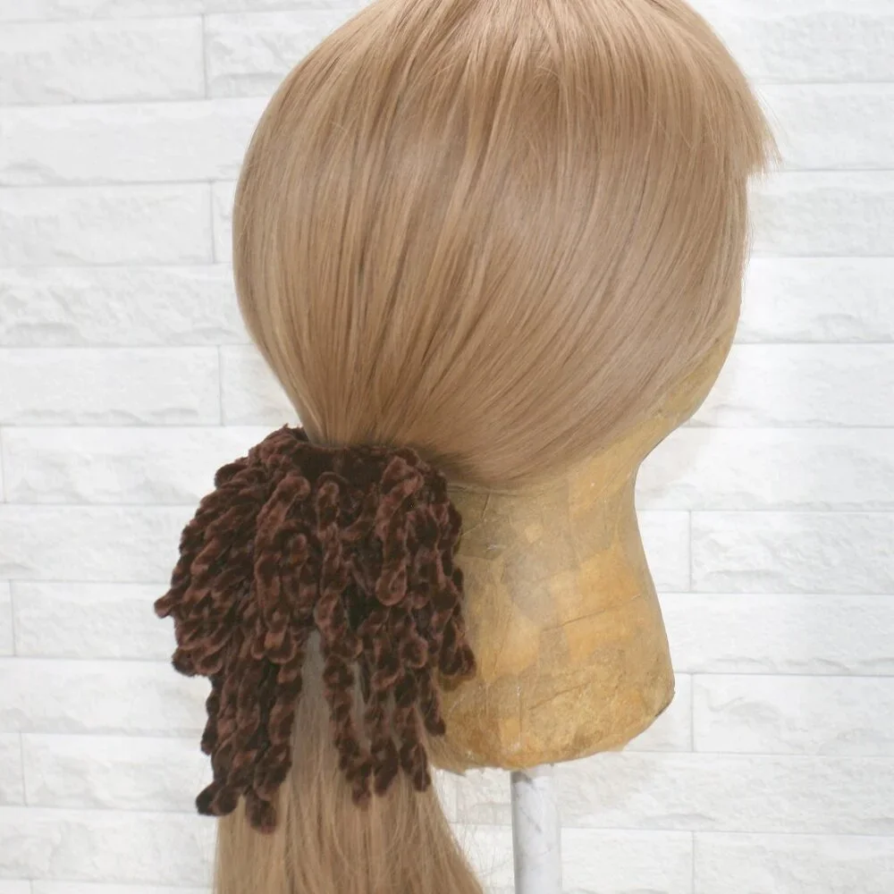 HAND CRAFTED Hair Scrunchie Fringe Kids Crochet Chenille Velvet Oversized Brown